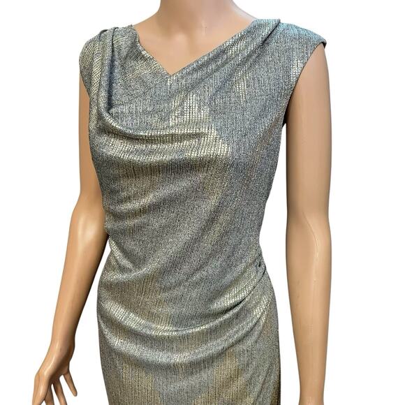 White House Black Market Metallic Party Dress Size 14 Cowl Neck Ruched Holiday - Picture 3 of 11